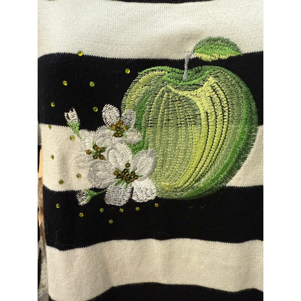 Bua Bua Women’s S Striped Embroidered Green Apple Sweater Teacher Novelty Top - Picture 4 of 4